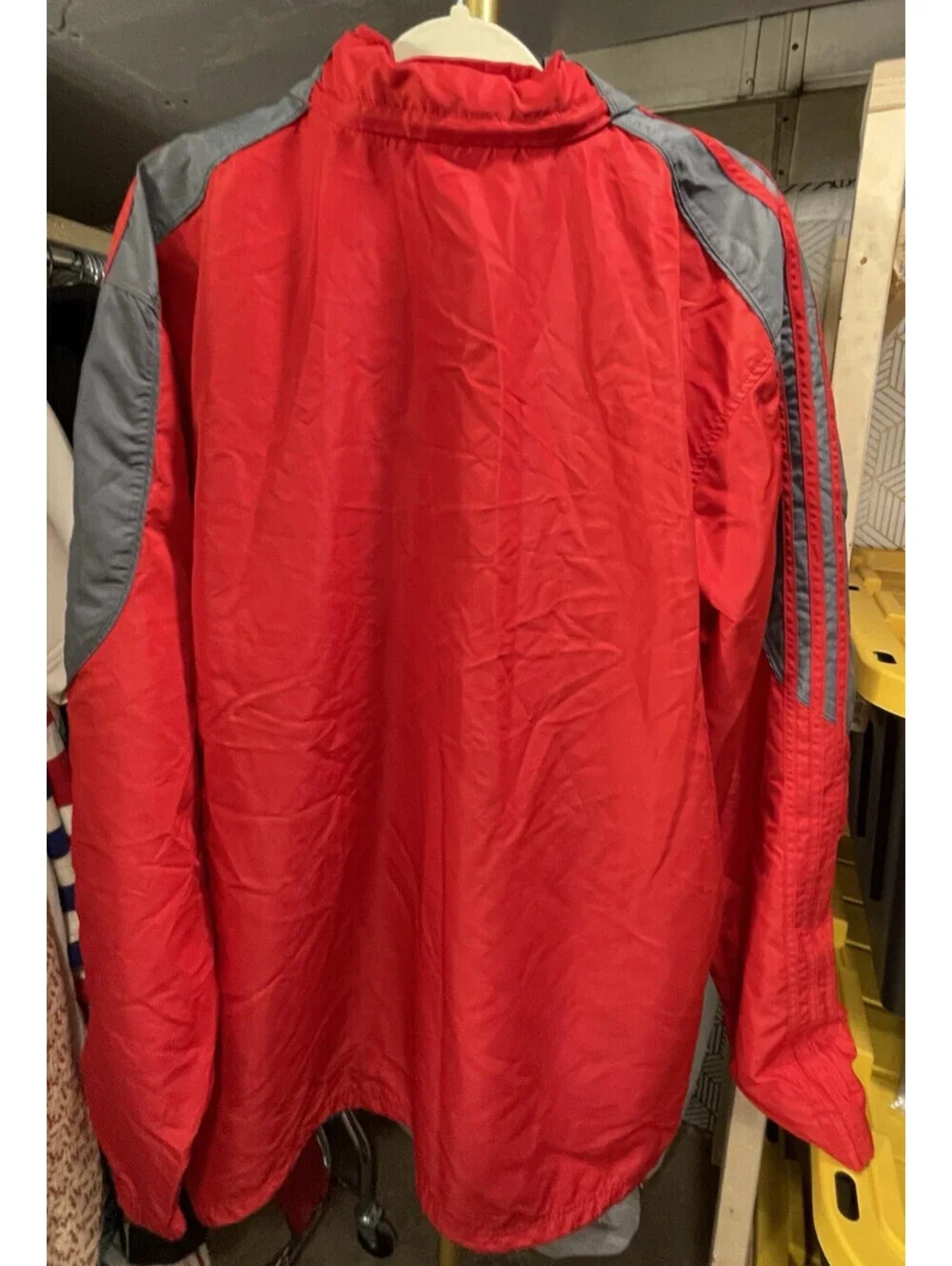 Adidas Windbreaker Jacket Mens Red Gray Hooded Full Zip 3 Stripe Sz 2XL